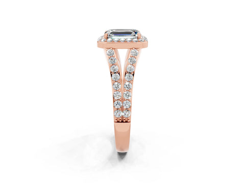 Rose gold Emerald Cut Moissanite Split Shank Halo Ring with Four-Prong Setting_14