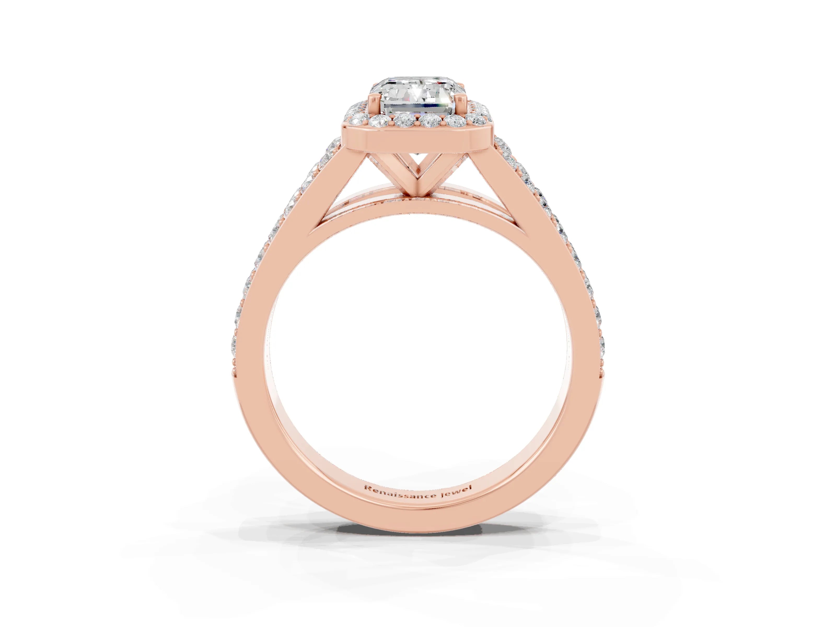 Rose gold Emerald Cut Moissanite Split Shank Halo Ring with Four-Prong Setting_15