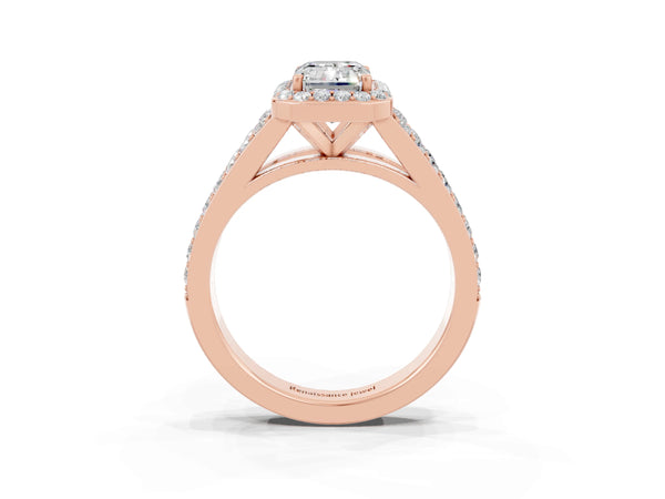 Rose gold Emerald Cut Moissanite Split Shank Halo Ring with Four-Prong Setting