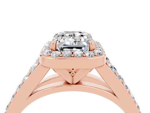 Rose gold Emerald Cut Moissanite Split Shank Halo Ring with Four-Prong Setting_16