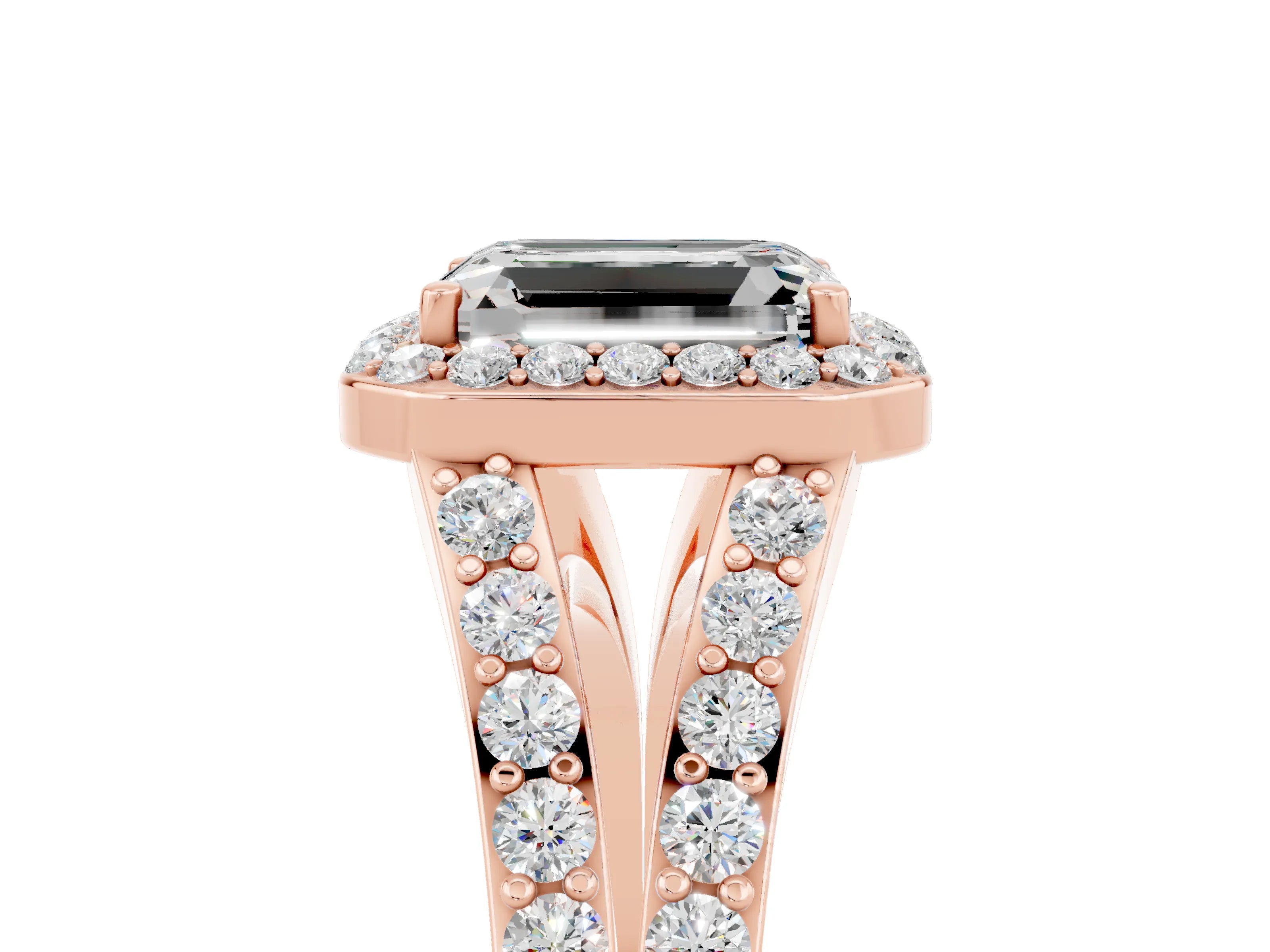 Rose gold Emerald Cut Moissanite Split Shank Halo Ring with Four-Prong Setting_17