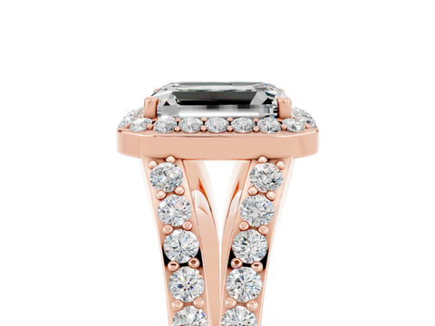 Rose gold Emerald Cut Moissanite Split Shank Halo Ring with Four-Prong Setting_17