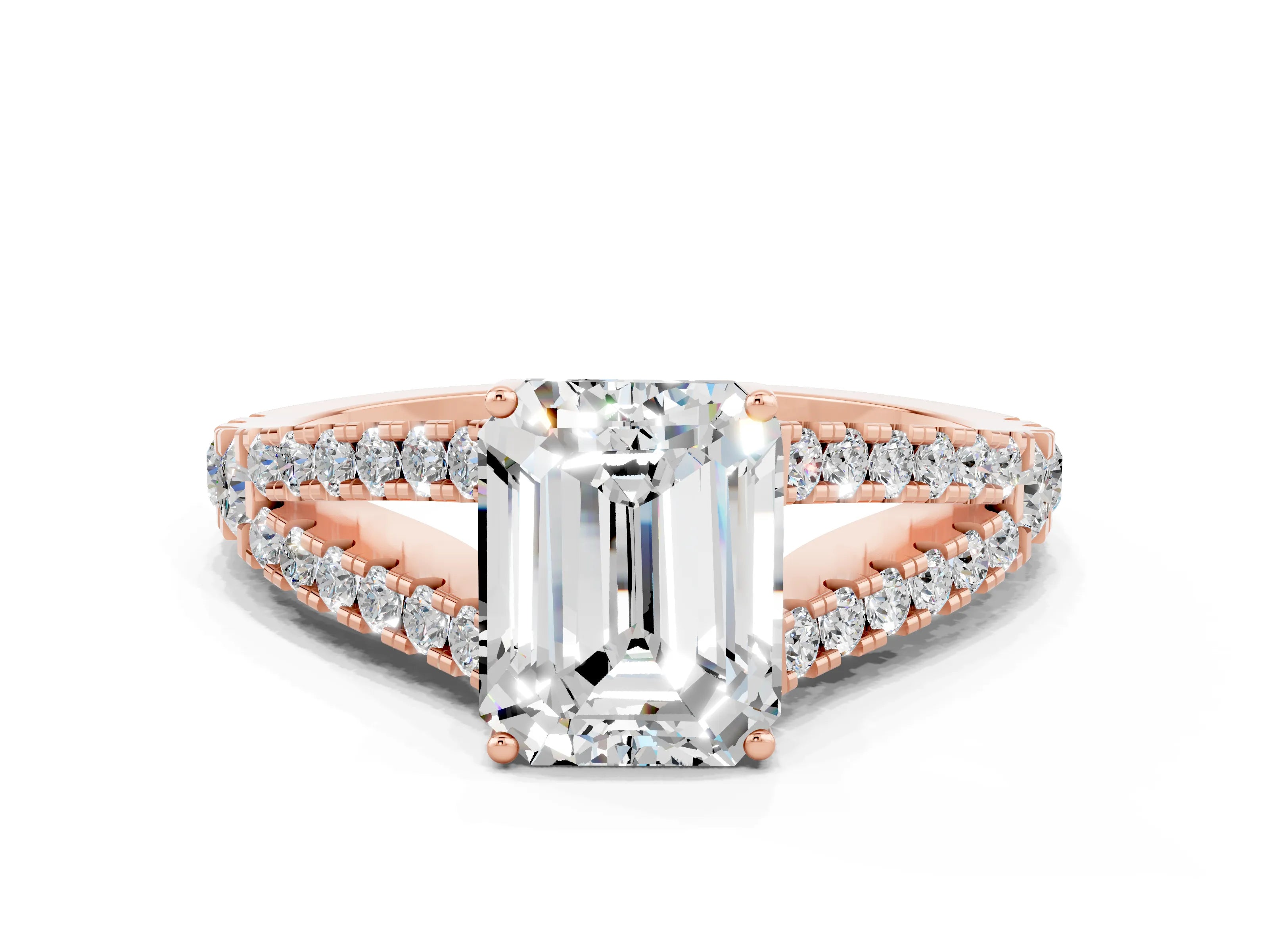 Rose gold Emerald Cut Moissanite Split Shank Pavé Engagement Ring with Four-Prong Setting_12