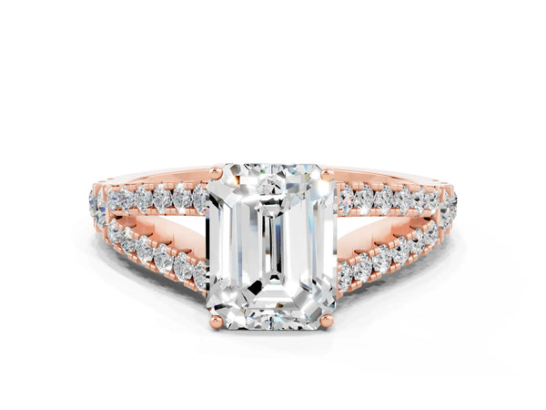 Rose gold Emerald Cut Moissanite Split Shank Pavé Engagement Ring with Four-Prong Setting