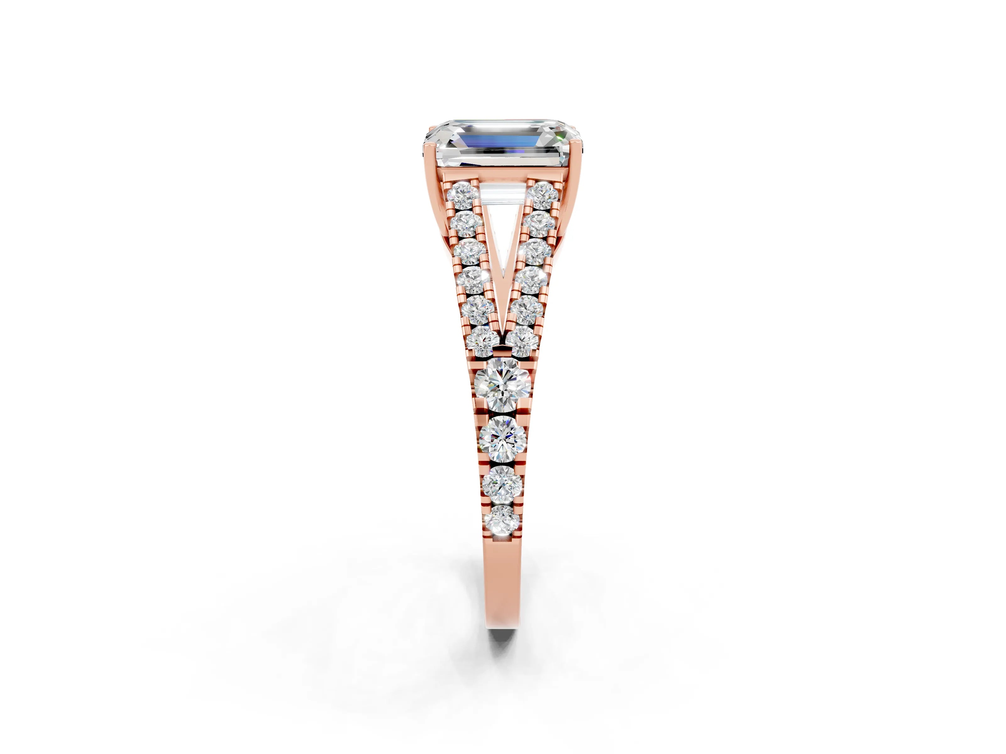Rose gold Emerald Cut Moissanite Split Shank Pavé Engagement Ring with Four-Prong Setting_14
