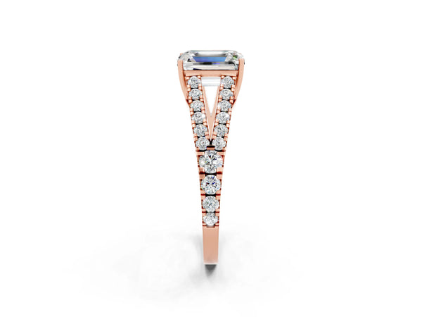 Rose gold Emerald Cut Moissanite Split Shank Pavé Engagement Ring with Four-Prong Setting