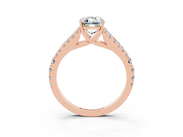 Rose gold Emerald Cut Moissanite Split Shank Pavé Engagement Ring with Four-Prong Setting