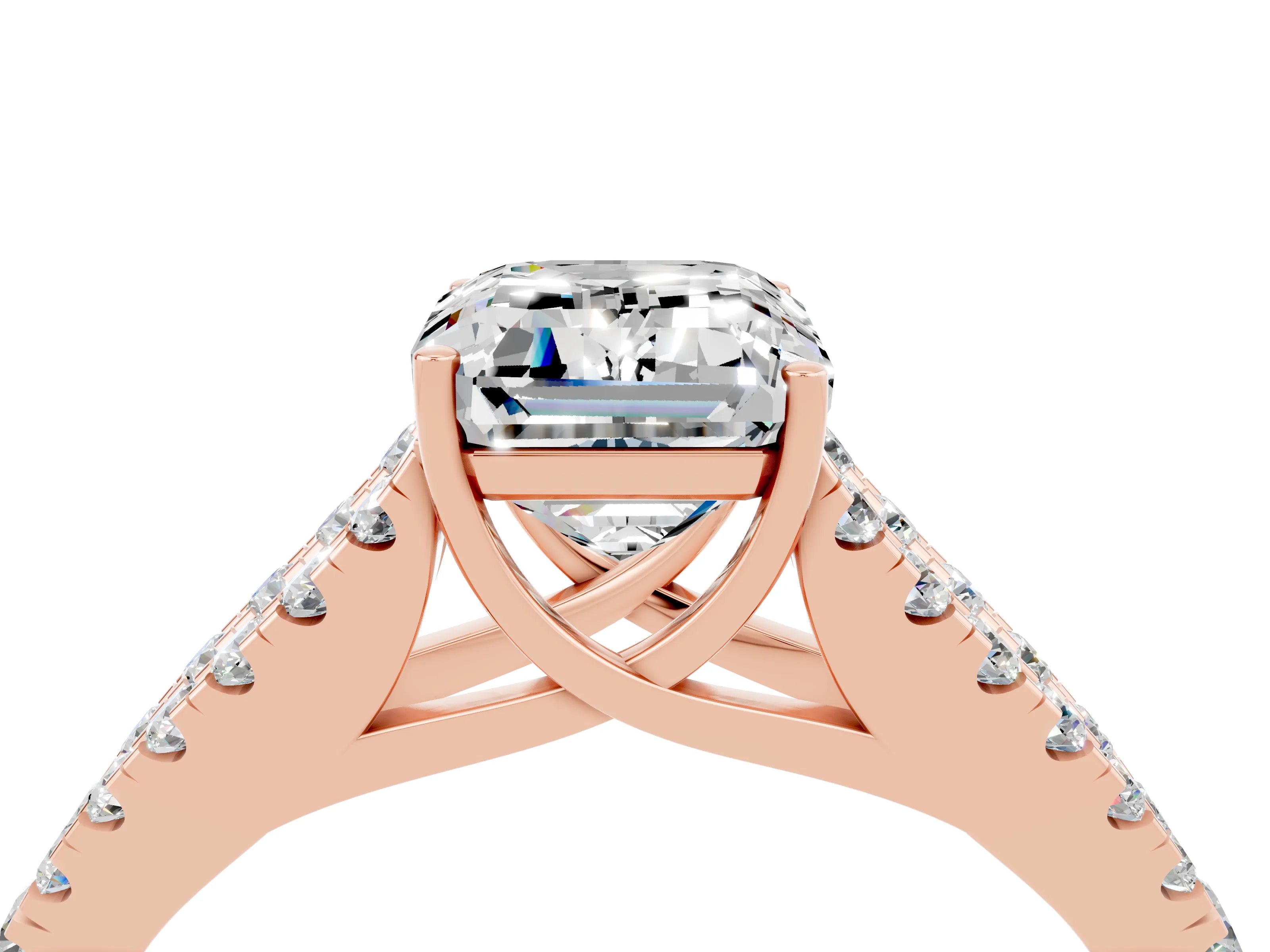Rose gold Emerald Cut Moissanite Split Shank Pavé Engagement Ring with Four-Prong Setting_16