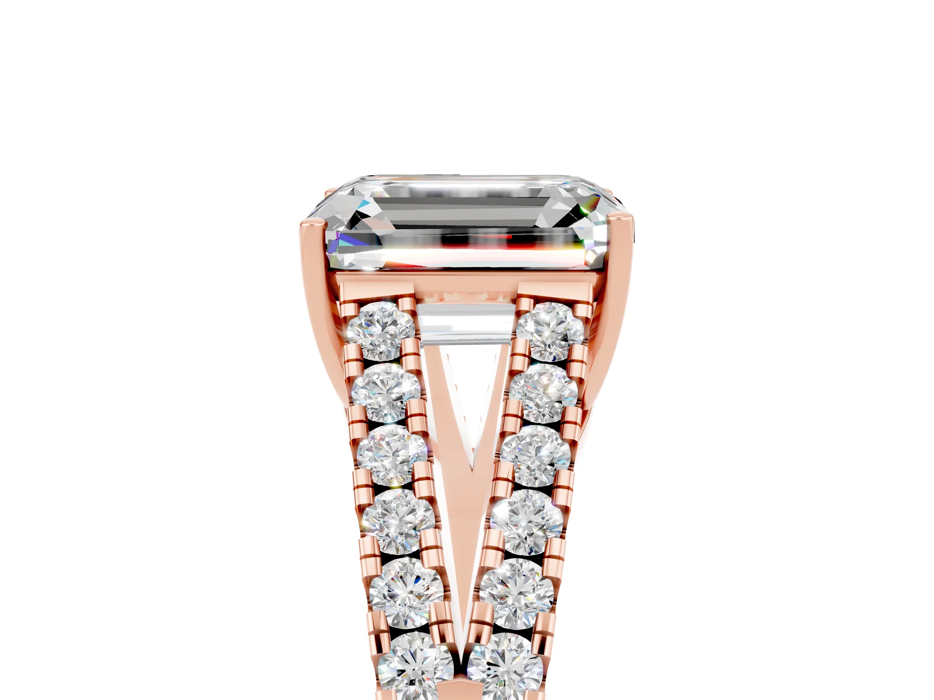 Rose gold Emerald Cut Moissanite Split Shank Pavé Engagement Ring with Four-Prong Setting_17