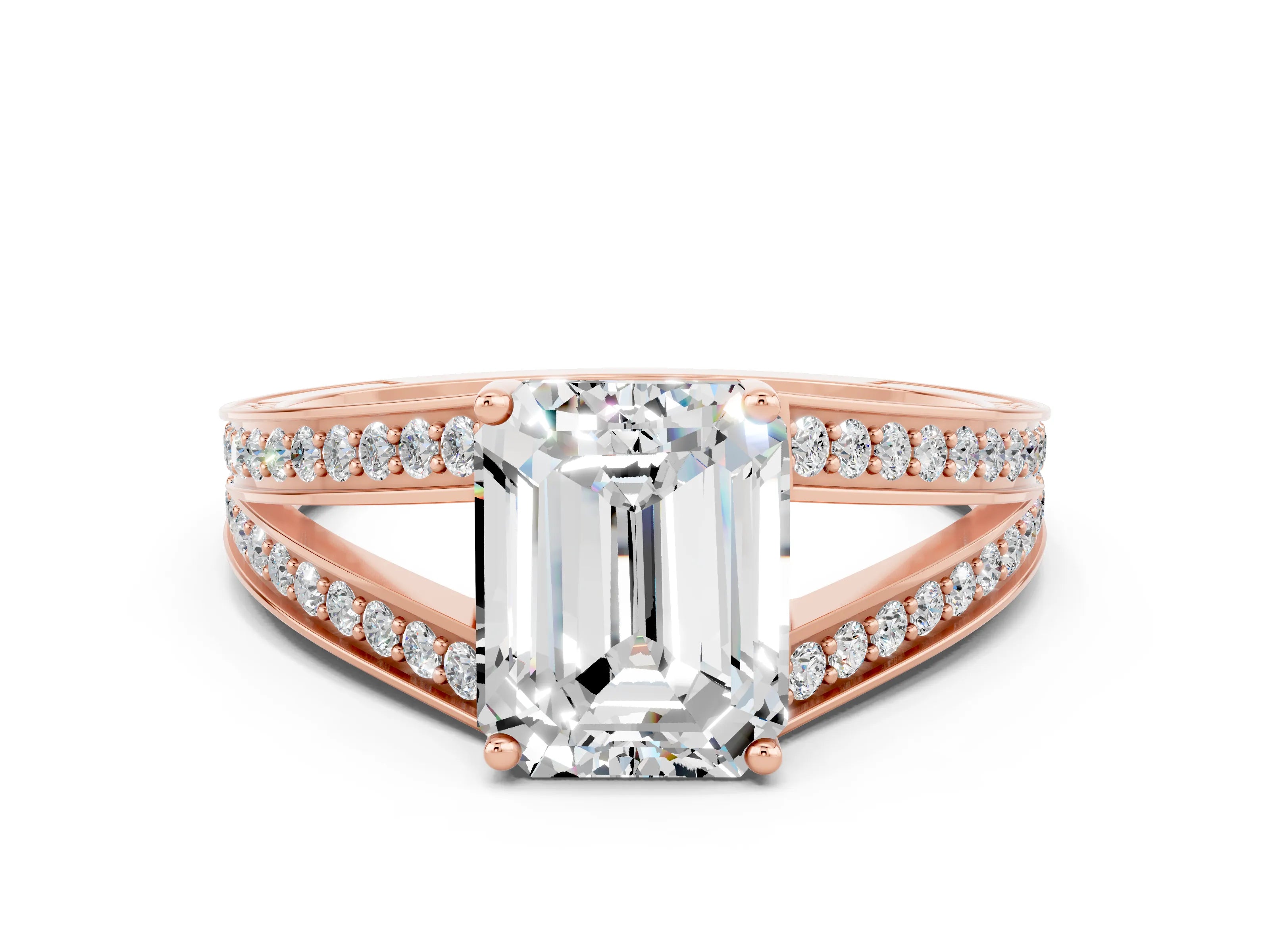 Rose gold Emerald Cut Moissanite Split Shank Ring with Pavé Band and Four-Prong Setting