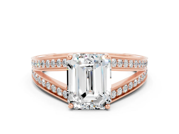 Rose gold Emerald Cut Moissanite Split Shank Ring with Pavé Band and Four-Prong Setting