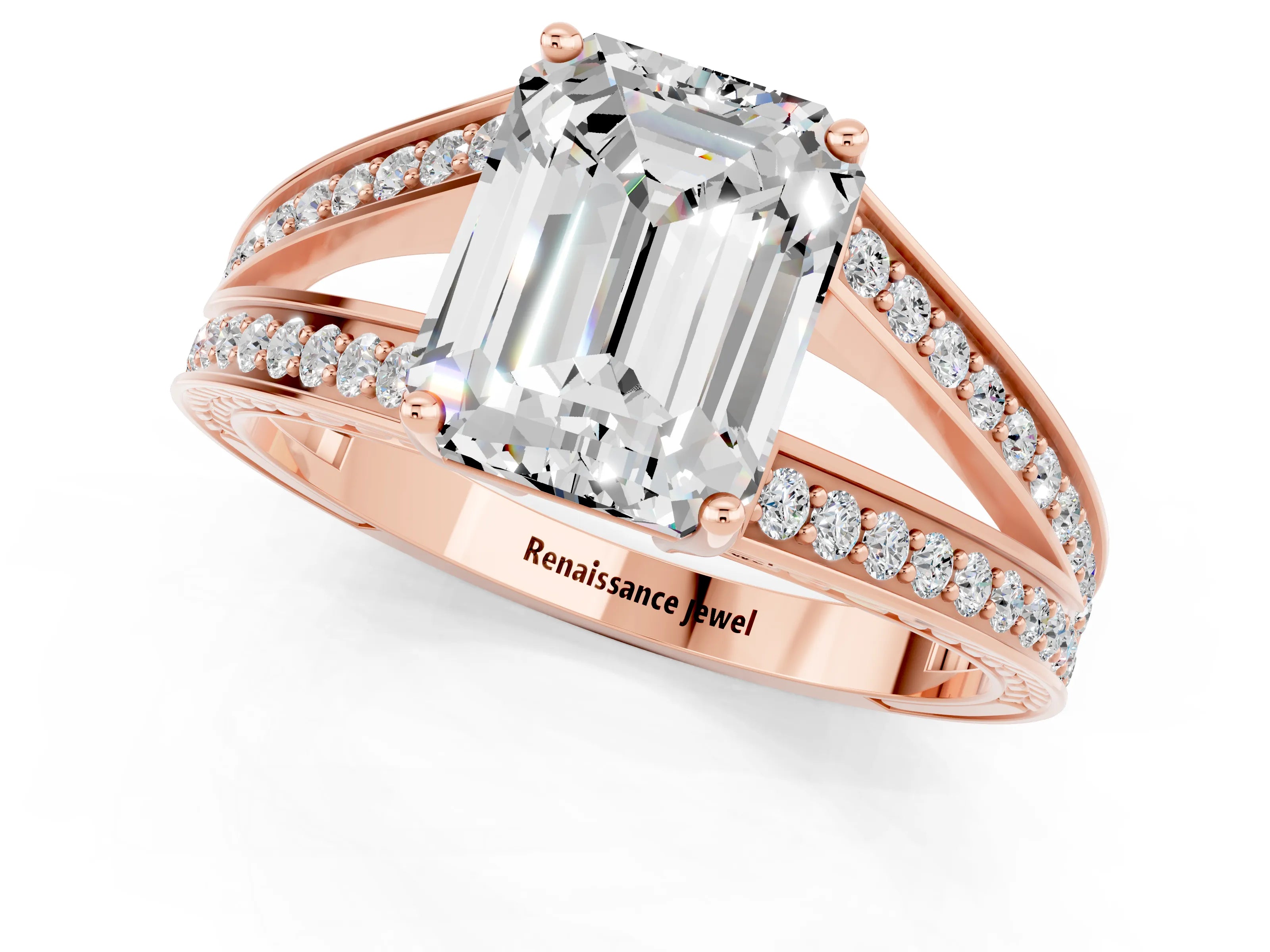 Rose gold Emerald Cut Moissanite Split Shank Ring with Pavé Band and Four-Prong Setting_1