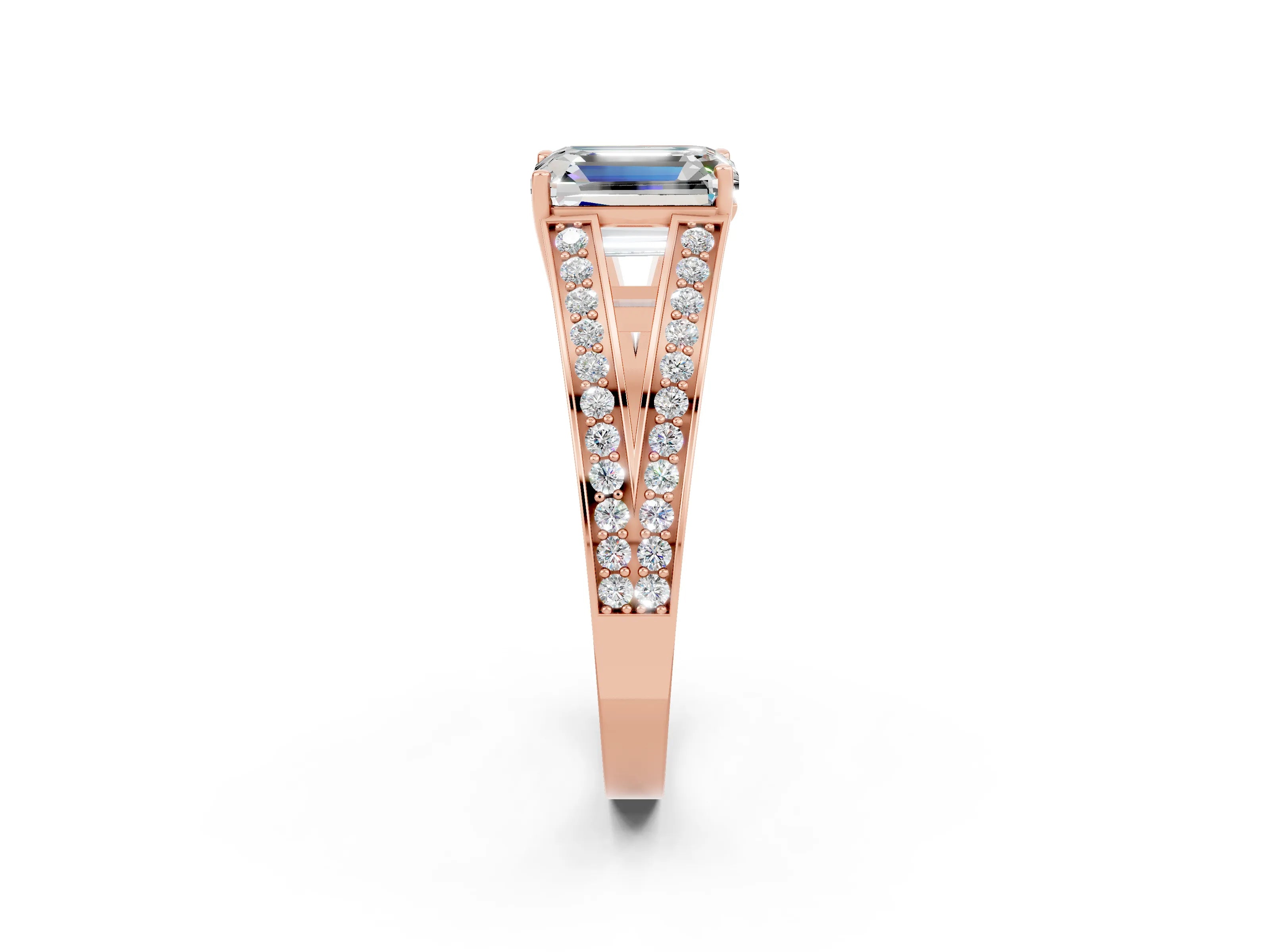 Rose gold Emerald Cut Moissanite Split Shank Ring with Pavé Band and Four-Prong Setting_2