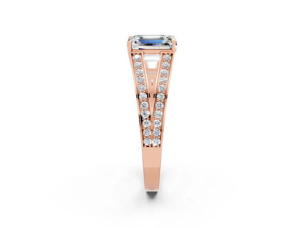 Rose gold Emerald Cut Moissanite Split Shank Ring with Pavé Band and Four-Prong Setting