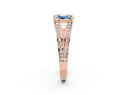 Rose gold Emerald Cut Moissanite Split Shank Ring with Pavé Band and Four-Prong Setting_2