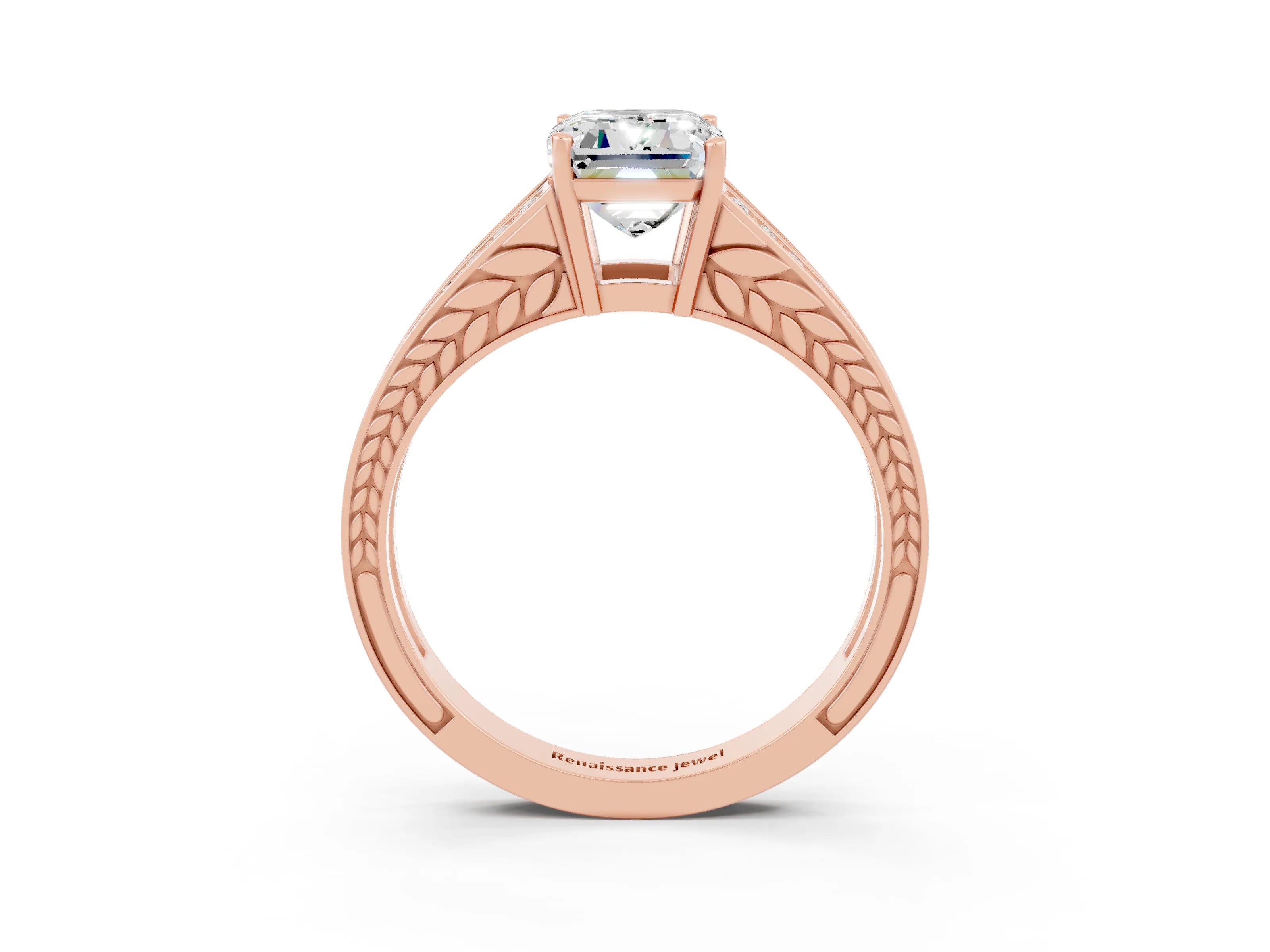 Rose gold Emerald Cut Moissanite Split Shank Ring with Pavé Band and Four-Prong Setting_3