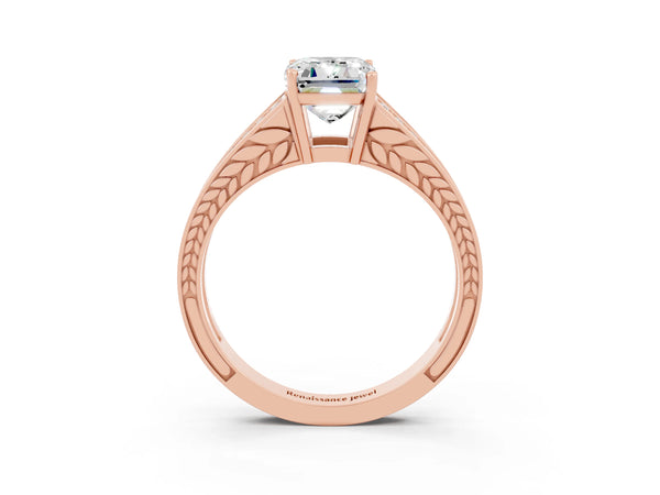 Rose gold Emerald Cut Moissanite Split Shank Ring with Pavé Band and Four-Prong Setting
