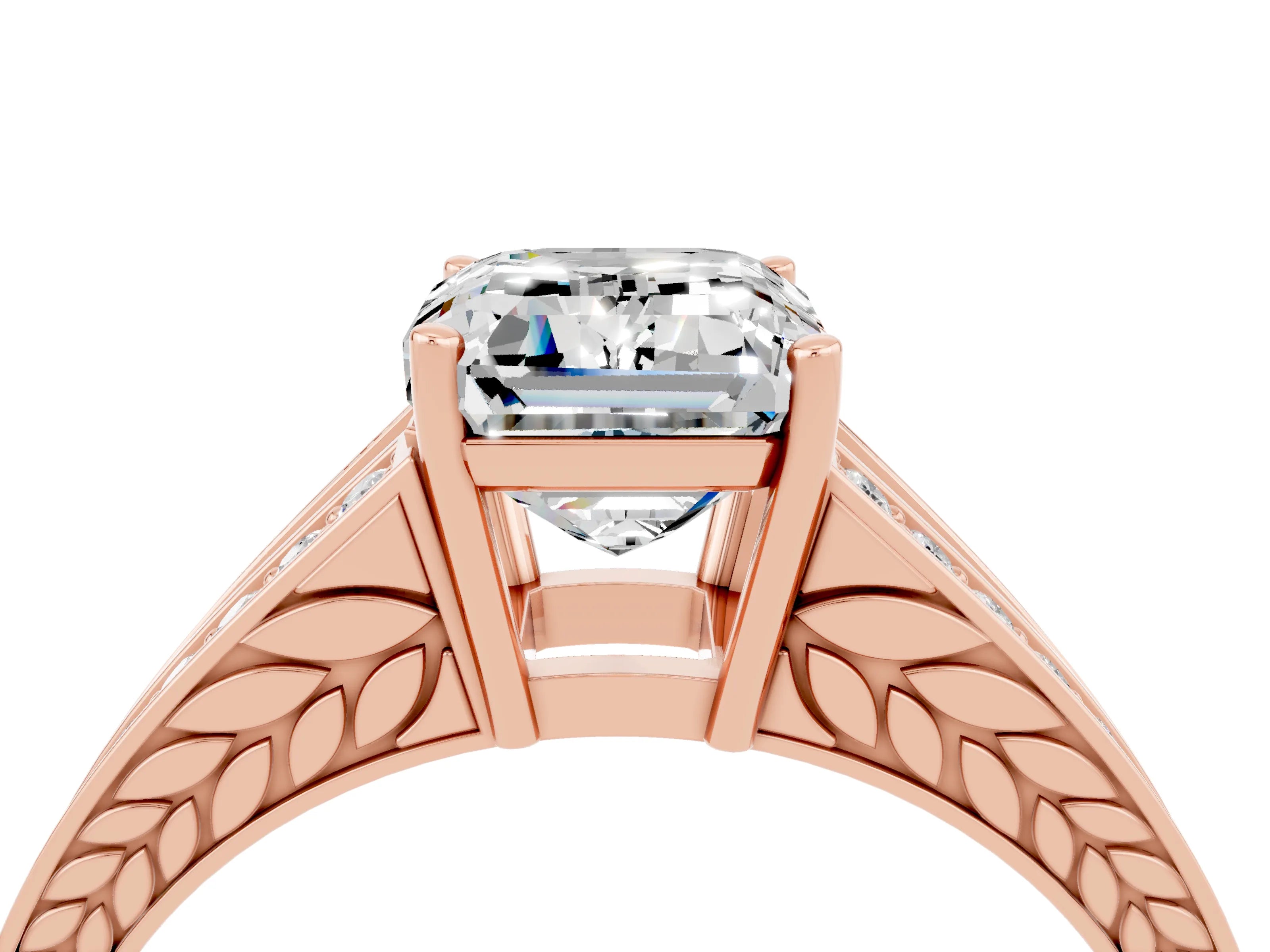 Rose gold Emerald Cut Moissanite Split Shank Ring with Pavé Band and Four-Prong Setting_4