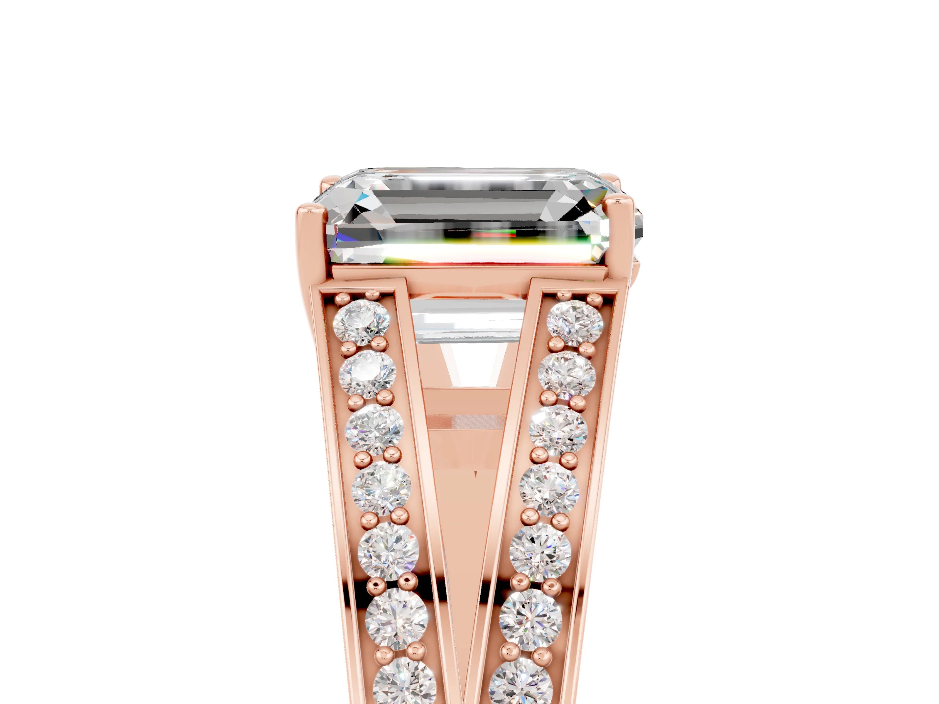 Rose gold Emerald Cut Moissanite Split Shank Ring with Pavé Band and Four-Prong Setting_5