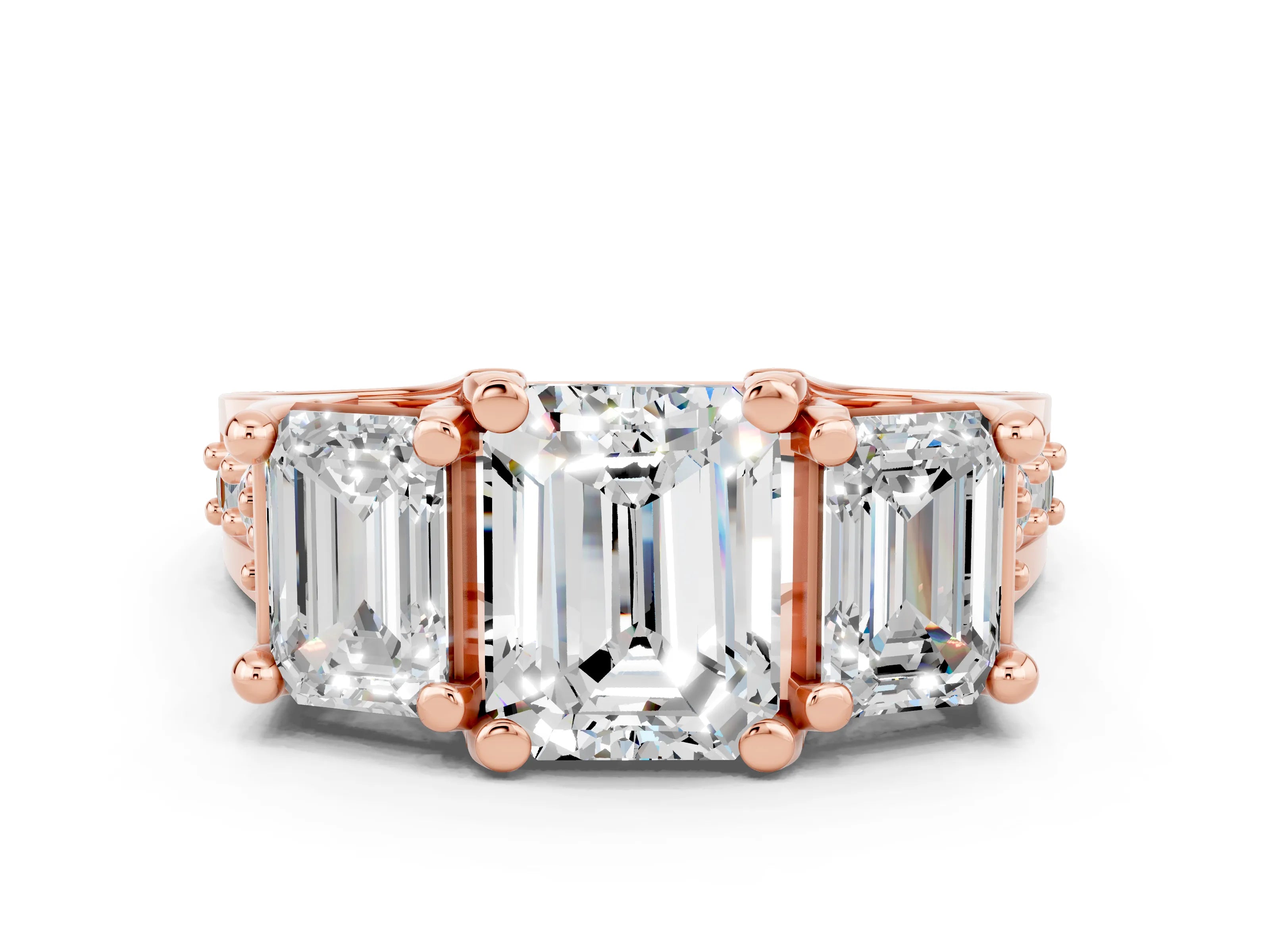 Rose gold Emerald Cut Moissanite Three-Stone Ring with Channel Set Band and Four-Prong Setting