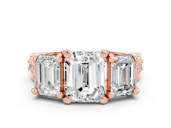 Rose gold Emerald Cut Moissanite Three-Stone Ring with Channel Set Band and Four-Prong Setting