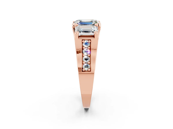 Rose gold Emerald Cut Moissanite Three-Stone Ring with Channel Set Band and Four-Prong Setting