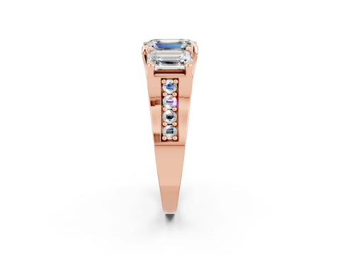 Rose gold Emerald Cut Moissanite Three-Stone Ring with Channel Set Band and Four-Prong Setting_2