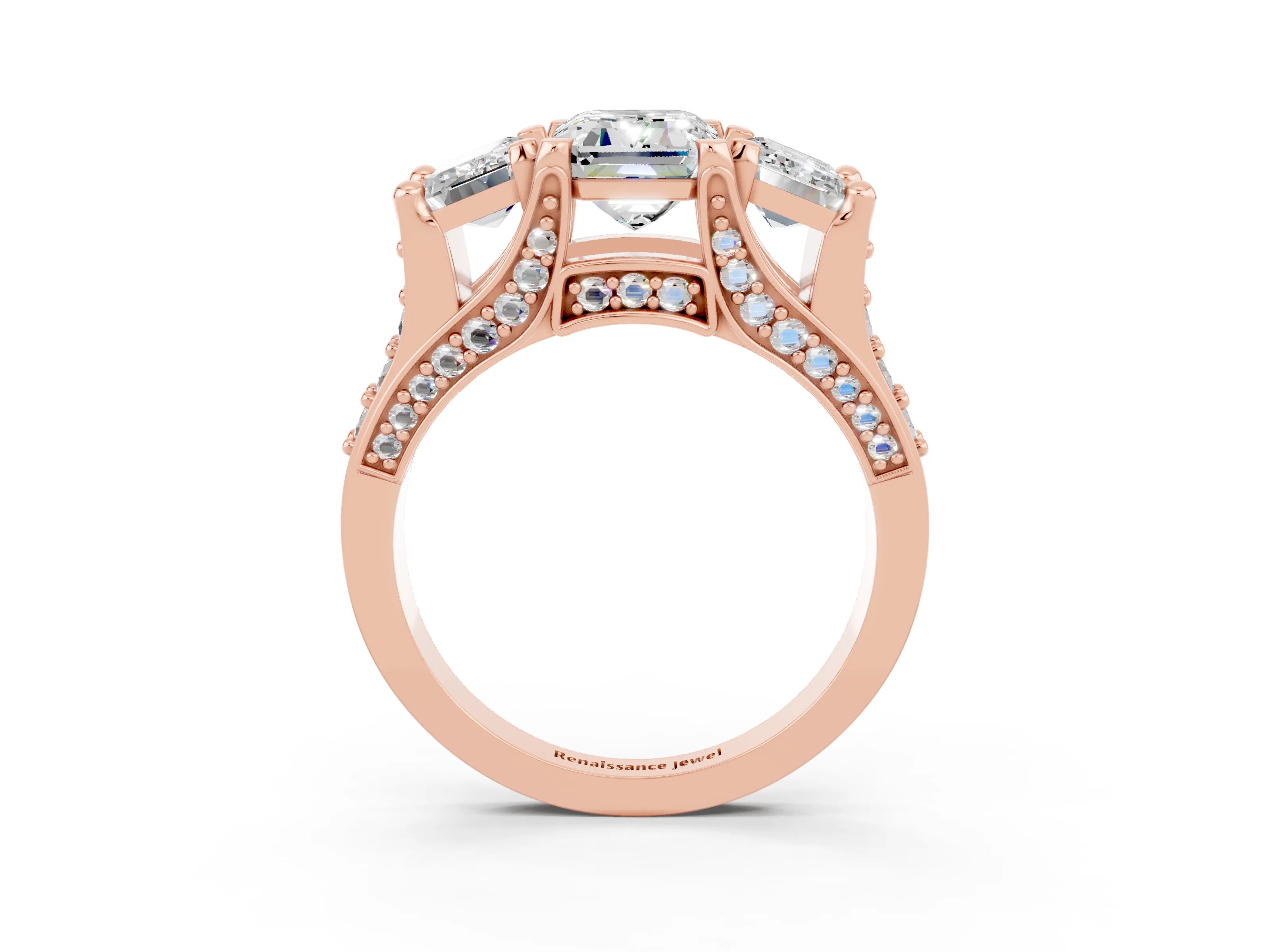 Rose gold Emerald Cut Moissanite Three-Stone Ring with Channel Set Band and Four-Prong Setting_3
