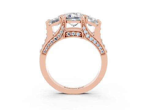 Rose gold Emerald Cut Moissanite Three-Stone Ring with Channel Set Band and Four-Prong Setting_3