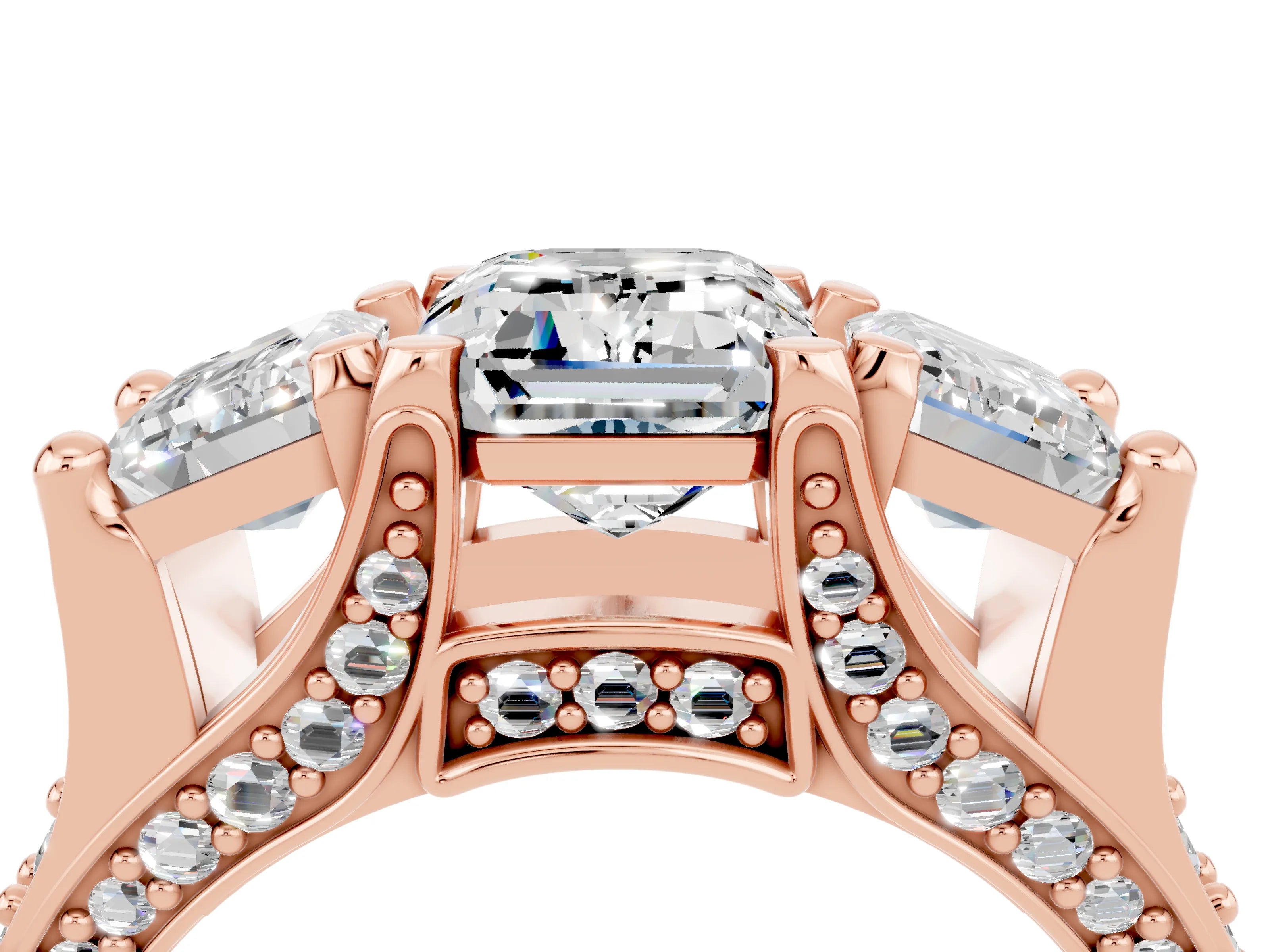 Rose gold Emerald Cut Moissanite Three-Stone Ring with Channel Set Band and Four-Prong Setting_4