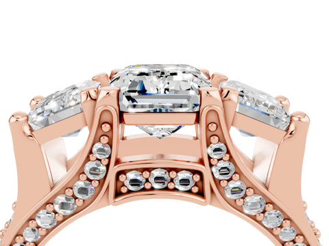 Rose gold Emerald Cut Moissanite Three-Stone Ring with Channel Set Band and Four-Prong Setting_4