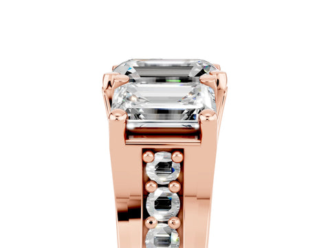 Rose gold Emerald Cut Moissanite Three-Stone Ring with Channel Set Band and Four-Prong Setting_5