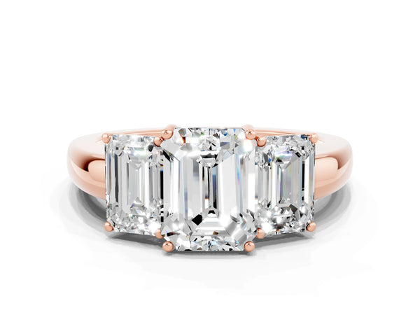 Rose gold Emerald Cut Moissanite Three-Stone Ring with Four-Prong Setting and Classic Band