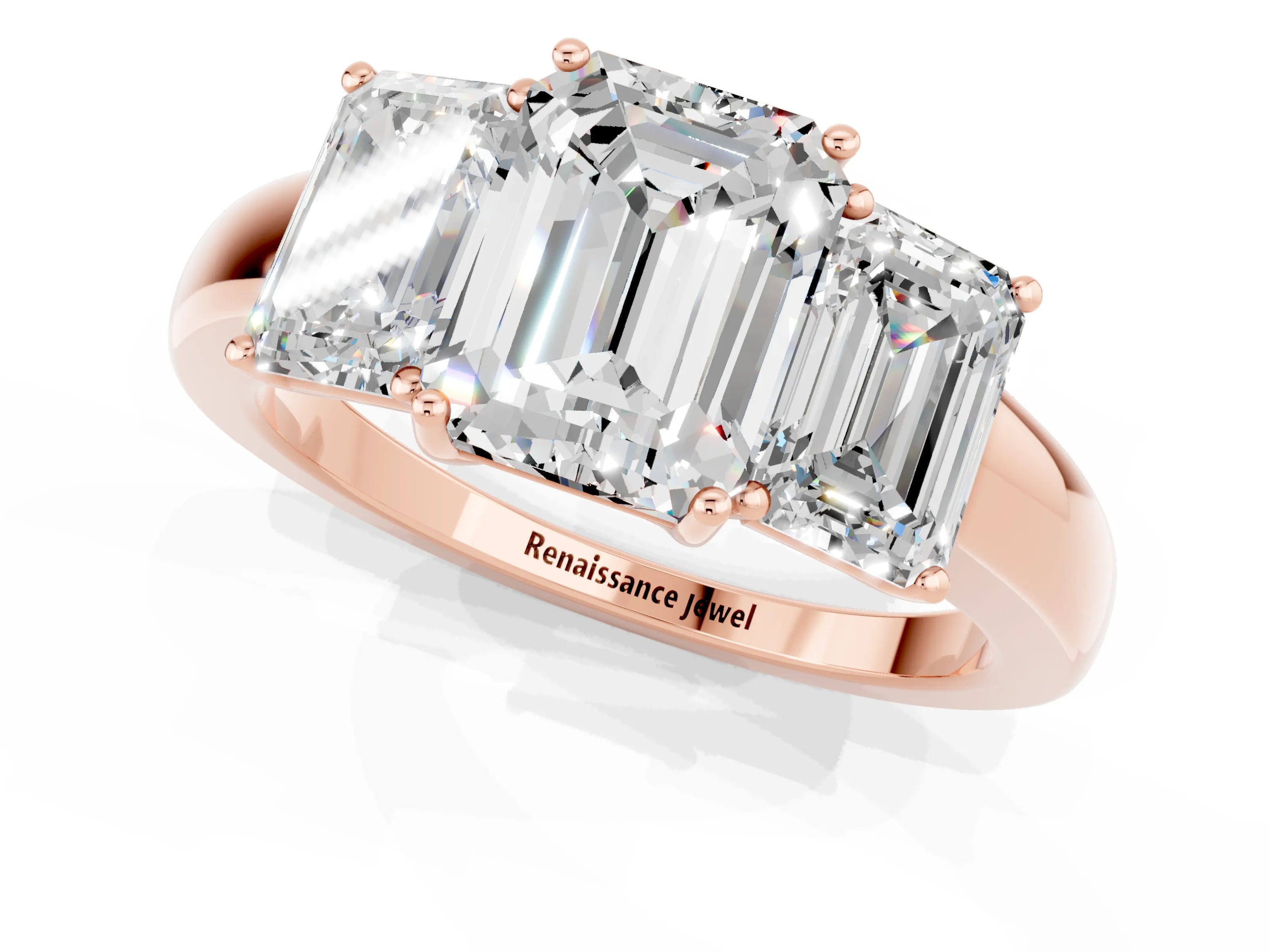 Rose gold Emerald Cut Moissanite Three-Stone Ring with Four-Prong Setting and Classic Band_1