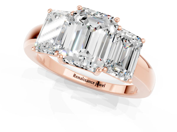 Rose gold Emerald Cut Moissanite Three-Stone Ring with Four-Prong Setting and Classic Band