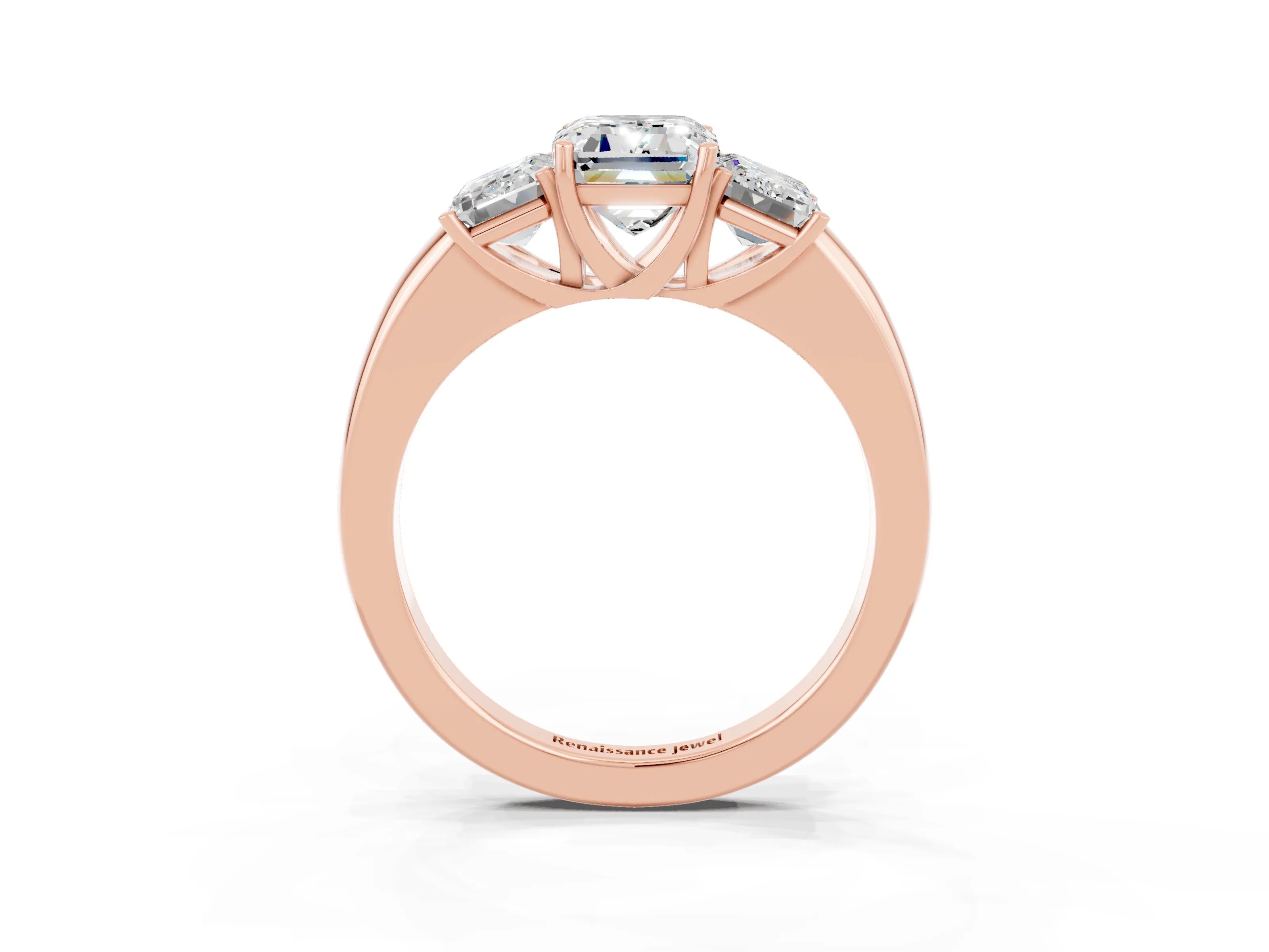 Rose gold Emerald Cut Moissanite Three-Stone Ring with Four-Prong Setting and Classic Band_3