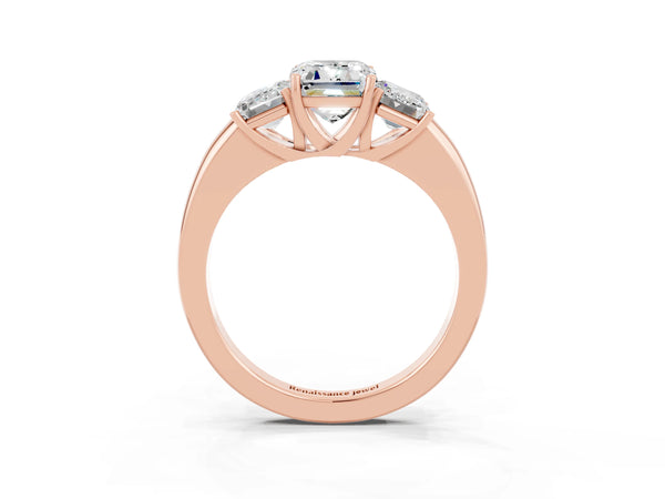 Rose gold Emerald Cut Moissanite Three-Stone Ring with Four-Prong Setting and Classic Band