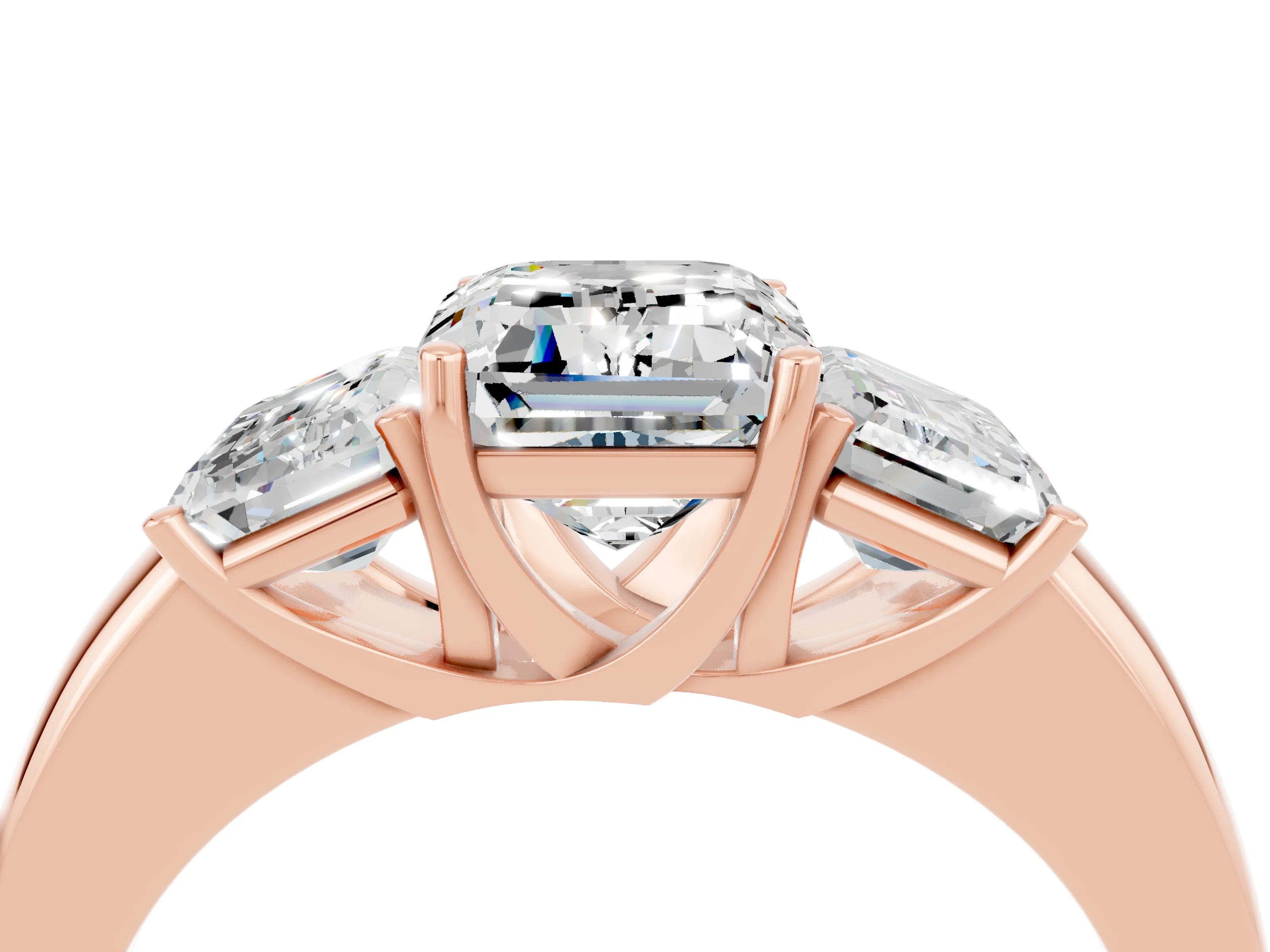 Rose gold Emerald Cut Moissanite Three-Stone Ring with Four-Prong Setting and Classic Band_4