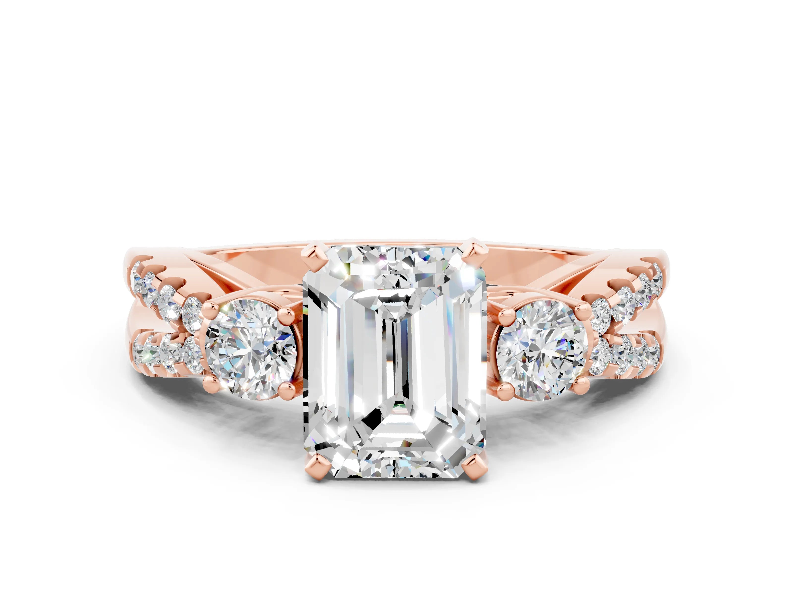 Rose gold Emerald Cut Moissanite Three-Stone Ring with Pavé Split Shank and Four-Prong Setting