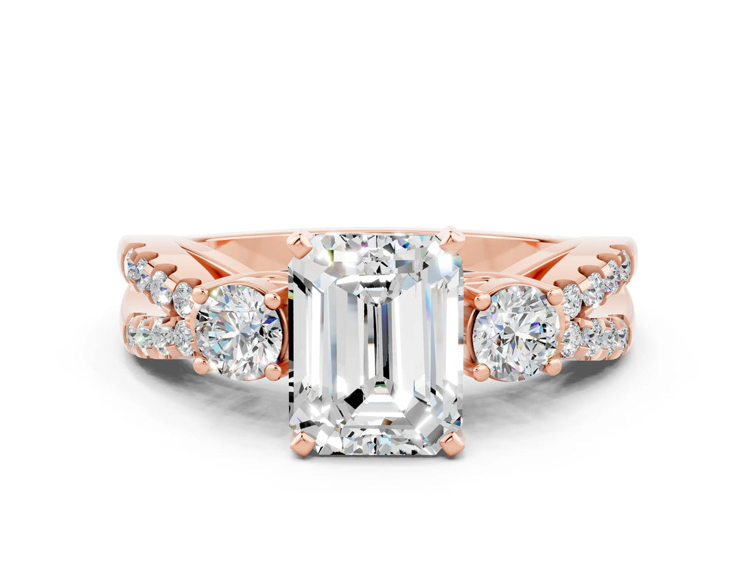Rose gold Emerald Cut Moissanite Three-Stone Ring with Pavé Split Shank and Four-Prong Setting