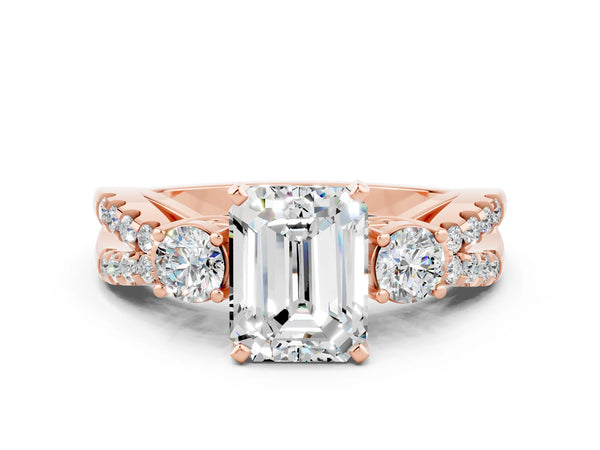 Rose gold Emerald Cut Moissanite Three-Stone Ring with Pavé Split Shank and Four-Prong Setting