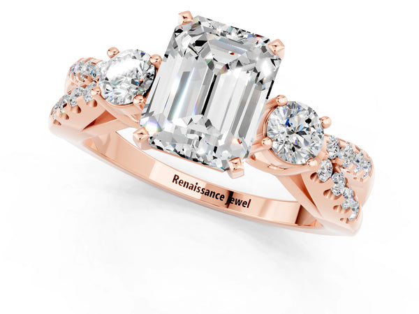 Rose gold Emerald Cut Moissanite Three-Stone Ring with Pavé Split Shank and Four-Prong Setting