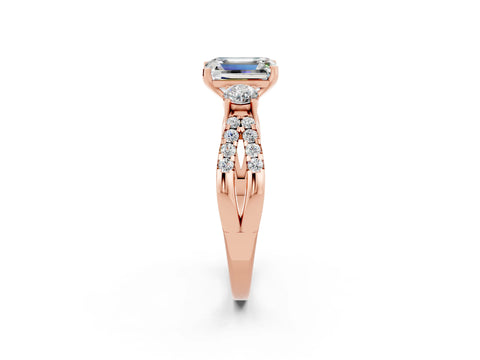Rose gold Emerald Cut Moissanite Three-Stone Ring with Pavé Split Shank and Four-Prong Setting_2