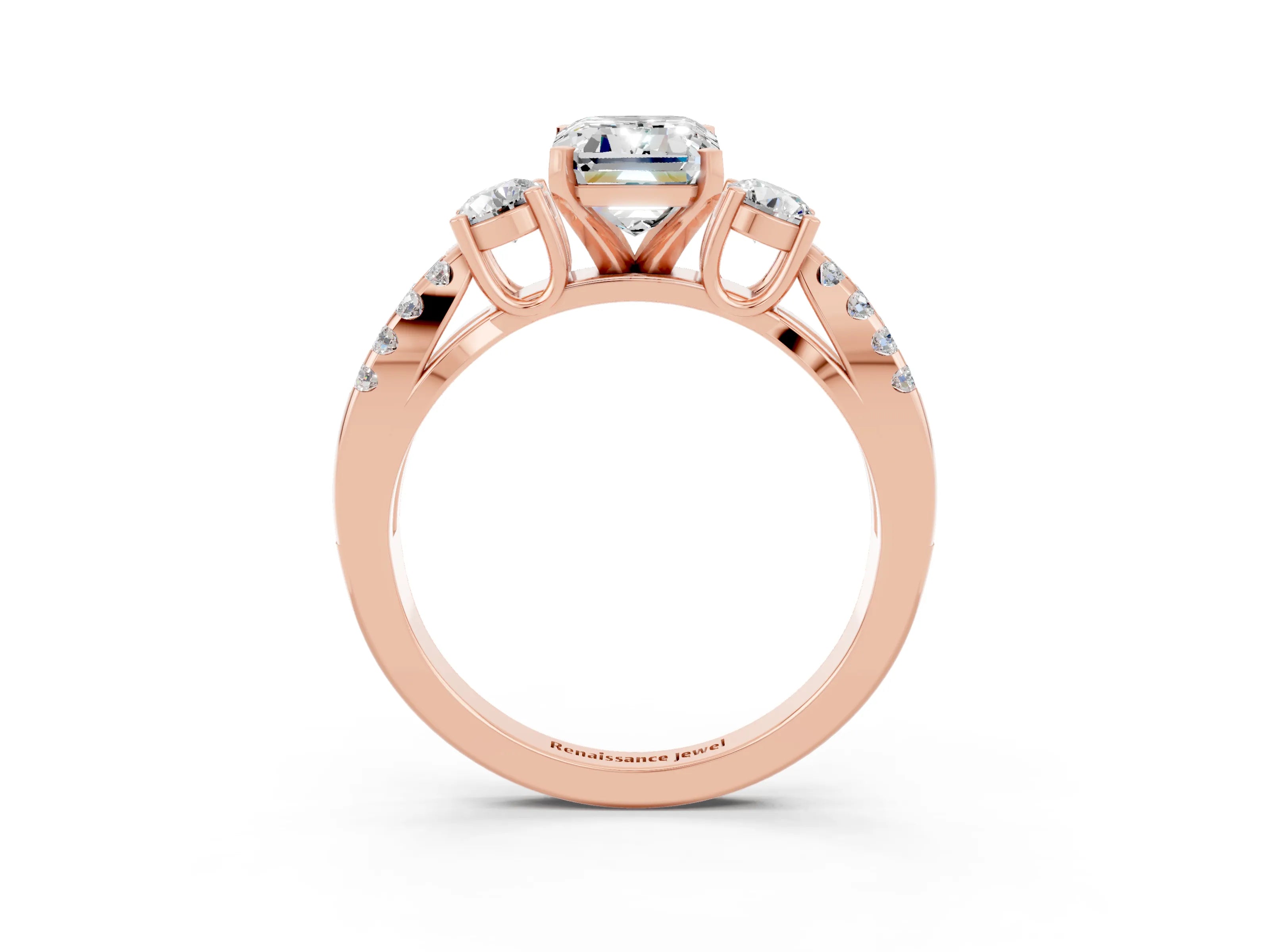 Rose gold Emerald Cut Moissanite Three-Stone Ring with Pavé Split Shank and Four-Prong Setting_3