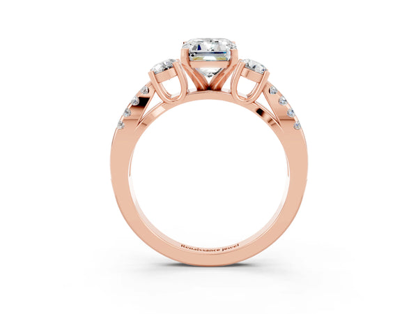 Rose gold Emerald Cut Moissanite Three-Stone Ring with Pavé Split Shank and Four-Prong Setting
