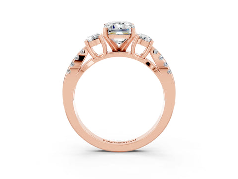 Rose gold Emerald Cut Moissanite Three-Stone Ring with Pavé Split Shank and Four-Prong Setting_3