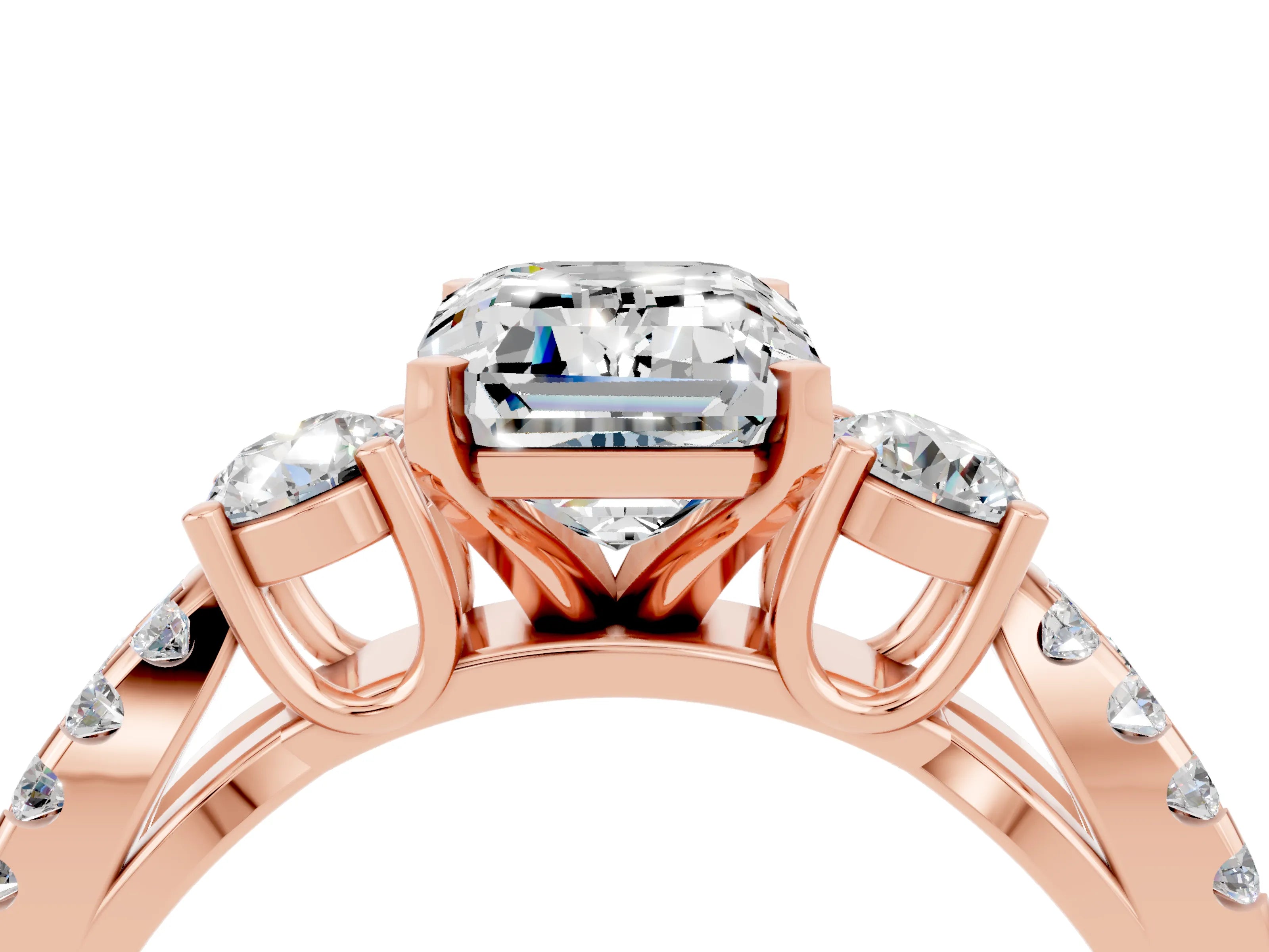 Rose gold Emerald Cut Moissanite Three-Stone Ring with Pavé Split Shank and Four-Prong Setting_4