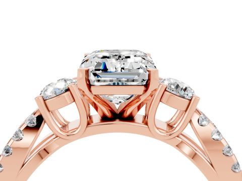 Rose gold Emerald Cut Moissanite Three-Stone Ring with Pavé Split Shank and Four-Prong Setting_4