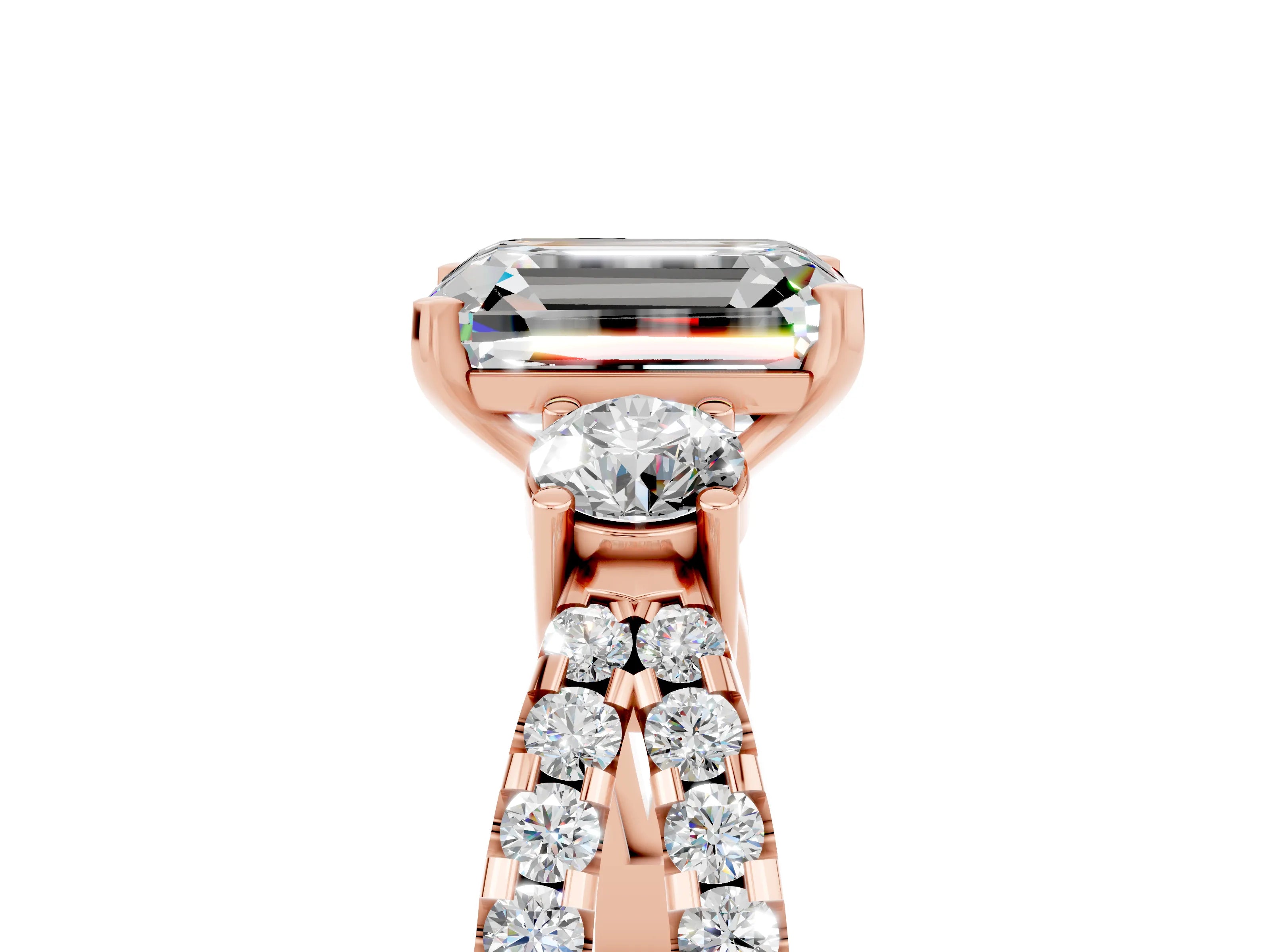 Rose gold Emerald Cut Moissanite Three-Stone Ring with Pavé Split Shank and Four-Prong Setting_5