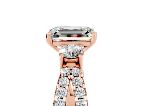 Rose gold Emerald Cut Moissanite Three-Stone Ring with Pavé Split Shank and Four-Prong Setting_5
